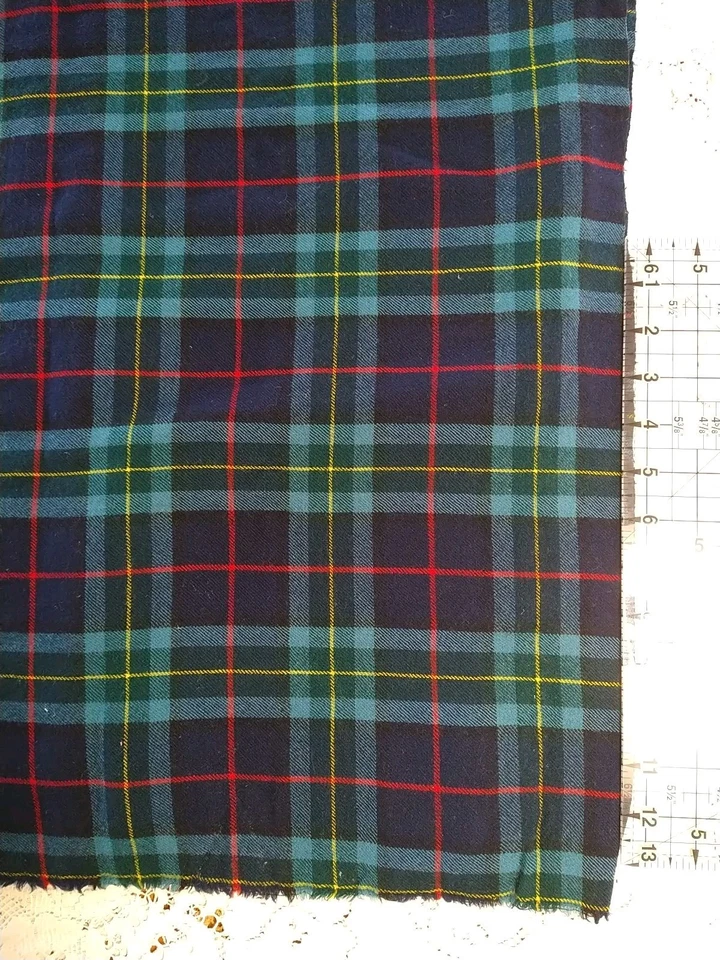 Navy Blue Red Yellow Green Plaid Lightweight Wool Fabric 17" Long x 53" Wide - Image 2 of 3