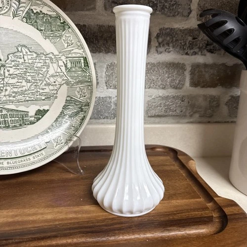 Vintage Hoosier White Milk Glass #4096 Long Stemmed Ribbed Bud Vase 9" Tall