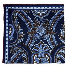 Navy Blue  Brown Floral Motif Silk Pocket Square Hand-Rolled in England 