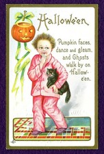 HALLOWEEN POSTCARD PUMPKIN FACES LITTLE GIRL ...