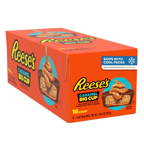 REESE'S Big Cup Caramel Milk Chocolate Peanut Butter Cups, Candy Packs 16 Count