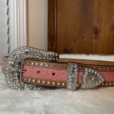 3-D Rhinestone Fancy Painted Leather Belt Bling Buckle Sz 34 Pink Brown