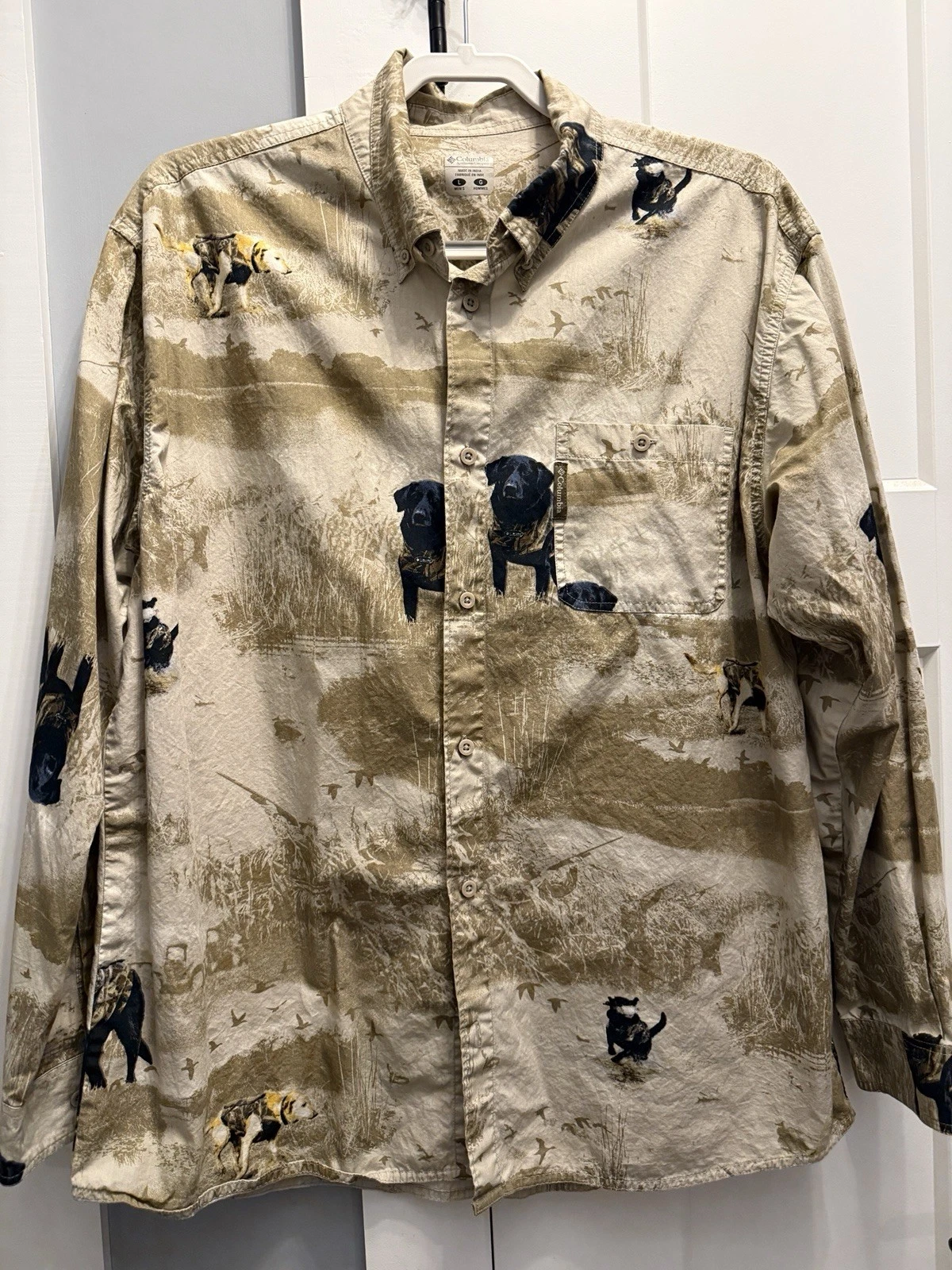 Columbia PHG Mens L Dog Duck Hunting Button Down Shirt Brown Hunting Gear