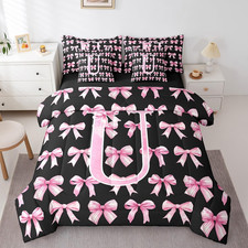 Pink and Black Bow 7 Piece Bedding Set Twin Size for Teen Girls Floral Letter U