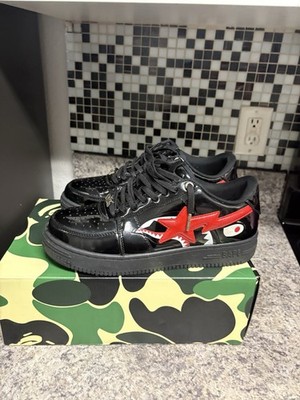 A Bathing Ape BAPE Men s Black Low Top Lace-Up Sneakers Red Star Camo Box
