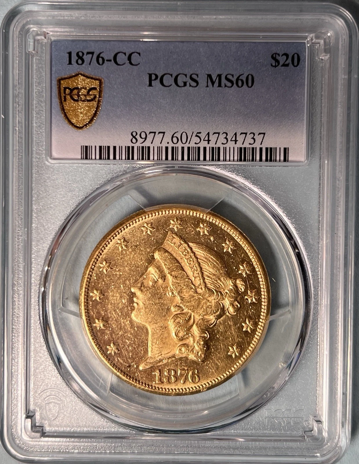 1876-CC $20 Gold Liberty Double Eagle PCGS MS60 — Centennial Carson City Issue