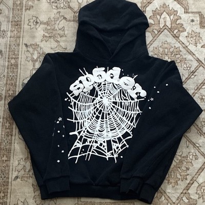 sp5der Men's Black Pullover Fleece Hoodie Spider Web Graphic Logo Pockets M