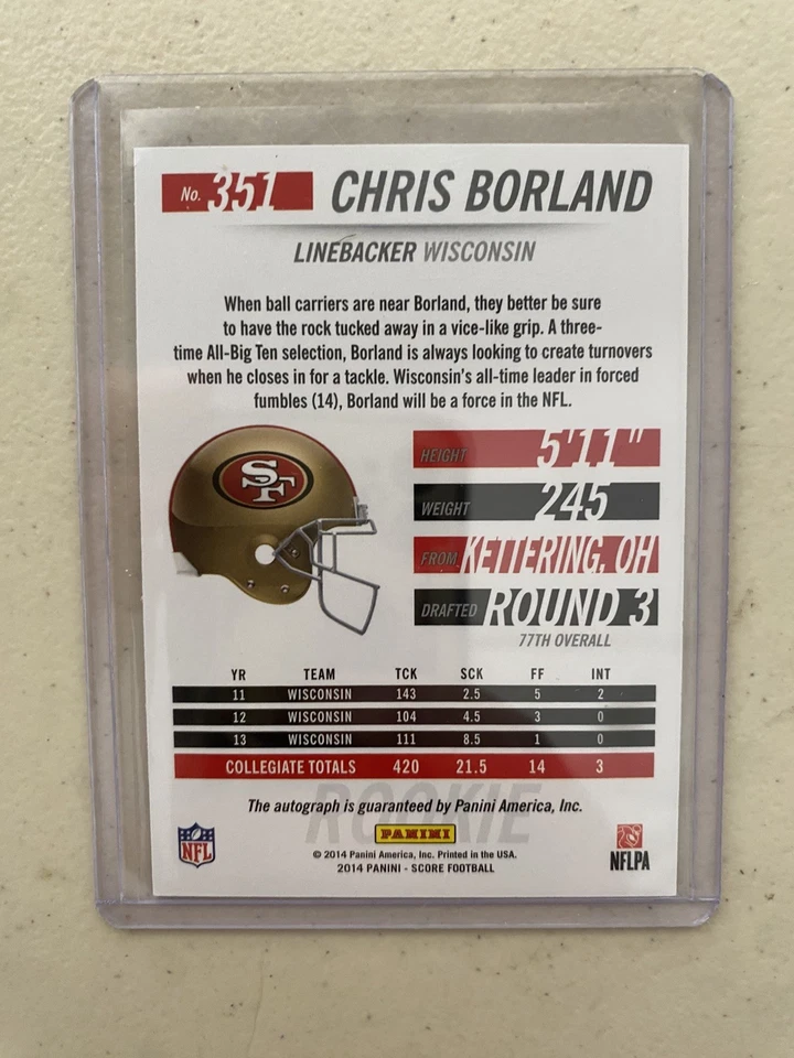 2014 Score Rookie Signatures #351 Chris Borland 49ers Autograph NM - Image 2 of 2