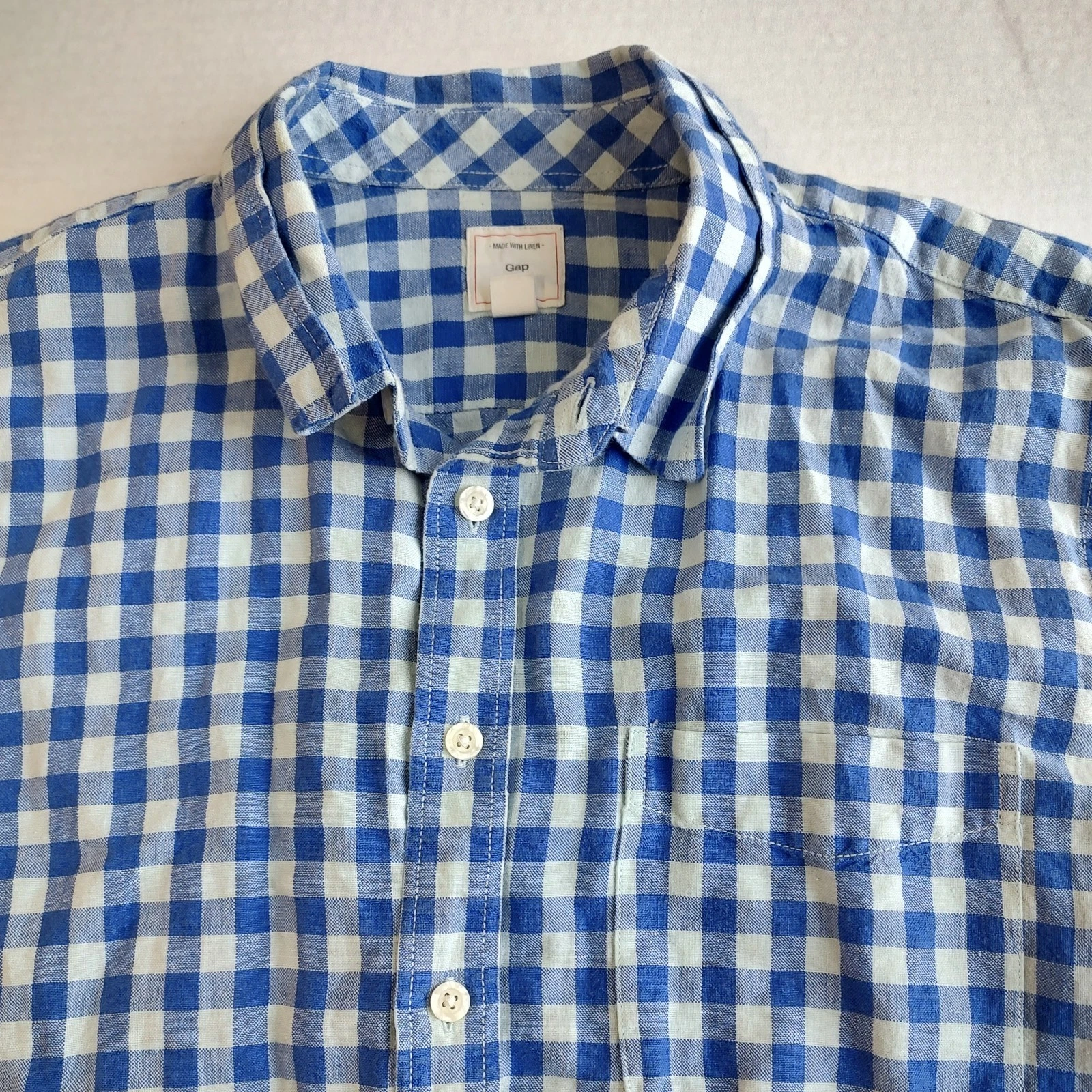 Gap Linen Blend Gingham Check Shirt Mens XL Blue Button Up Short Sleeve Summer