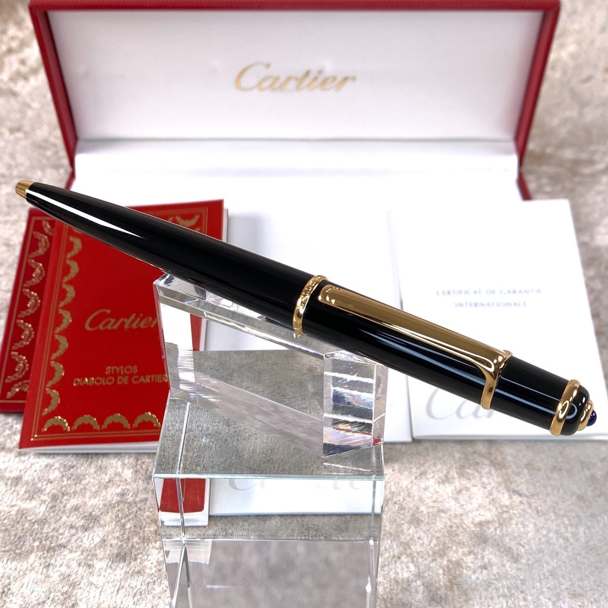 Cartier Ballpoint Pen Diabolo Black Resin 18K Gold Finish with Box