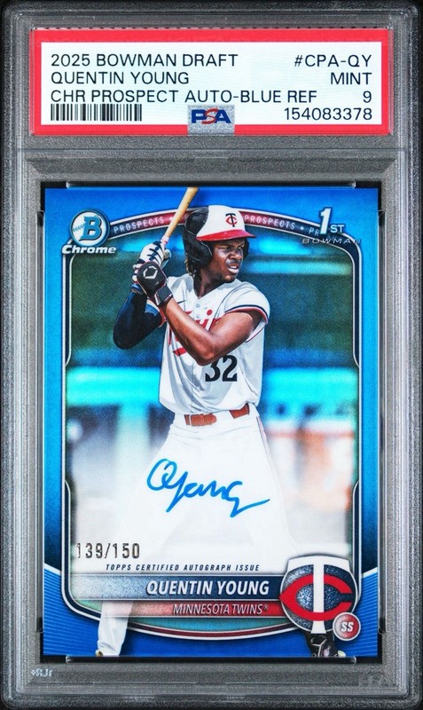 2025 Bowman Draft Quentin Young Chrome Auto Blue Refractor 1st #/150 Twins PSA 9