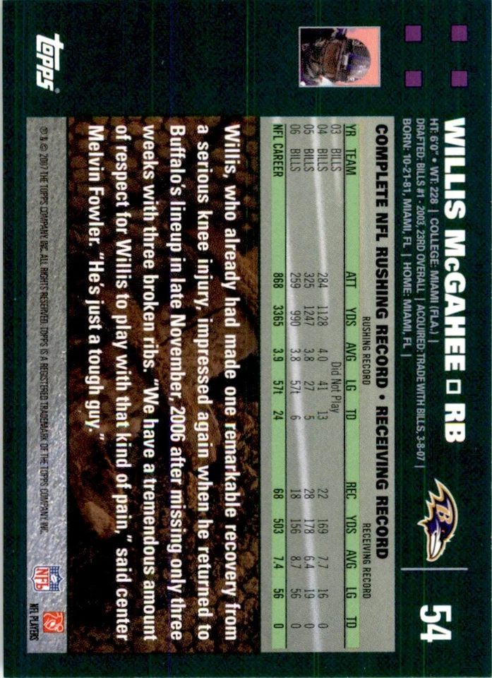 2007 TOPPS WILLIS MCGAHEE BALTIMORE RAVENS #54 - Image 2 of 2
