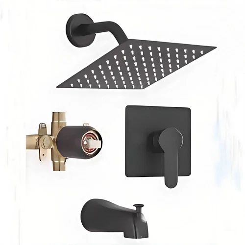 Black Shower Faucet Set 8" Rainfall Head Combo System Mixer Valve Kit&Tub Spout