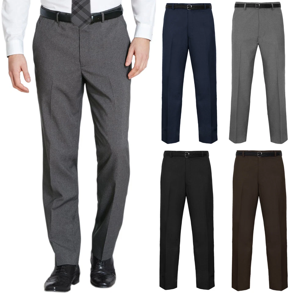 MENS TROUSERS OFFICE BUSINESS WORK FORMAL CASUAL SMART BELT POCKETS DRESS PANTS