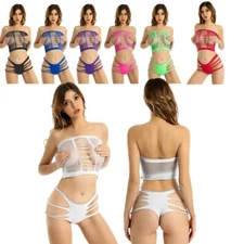 Women Sexy Lingerie Set Fishnet Sheer Crop Top Briefs Hollow Out Thong Nightwear