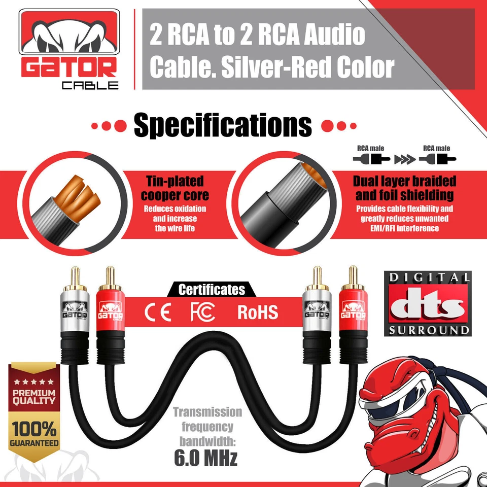 2-RCA to 2-RCA Cable Male Stereo Audio Patch Coaxial Cord L/R Gold Plated Plug - Image 3 of 4