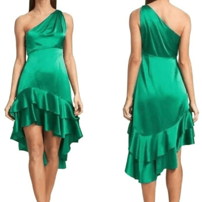 NWOT Cinq a Sept Colina One-Shoulder Dress Ruffle Silk Tiered in Jade sz 4