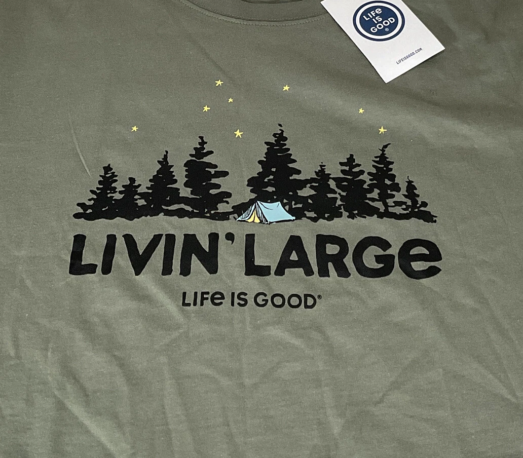 Men's Life Is Good Livin Large Camping S/S Graphic T Shirt Moss Green Size Med