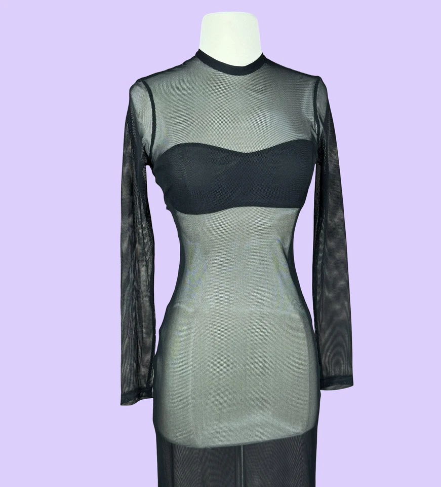 Victoria's Secret XS Black Sheer Gown Vintage 1990s Slip Dress Fish Net - Image 4 of 4