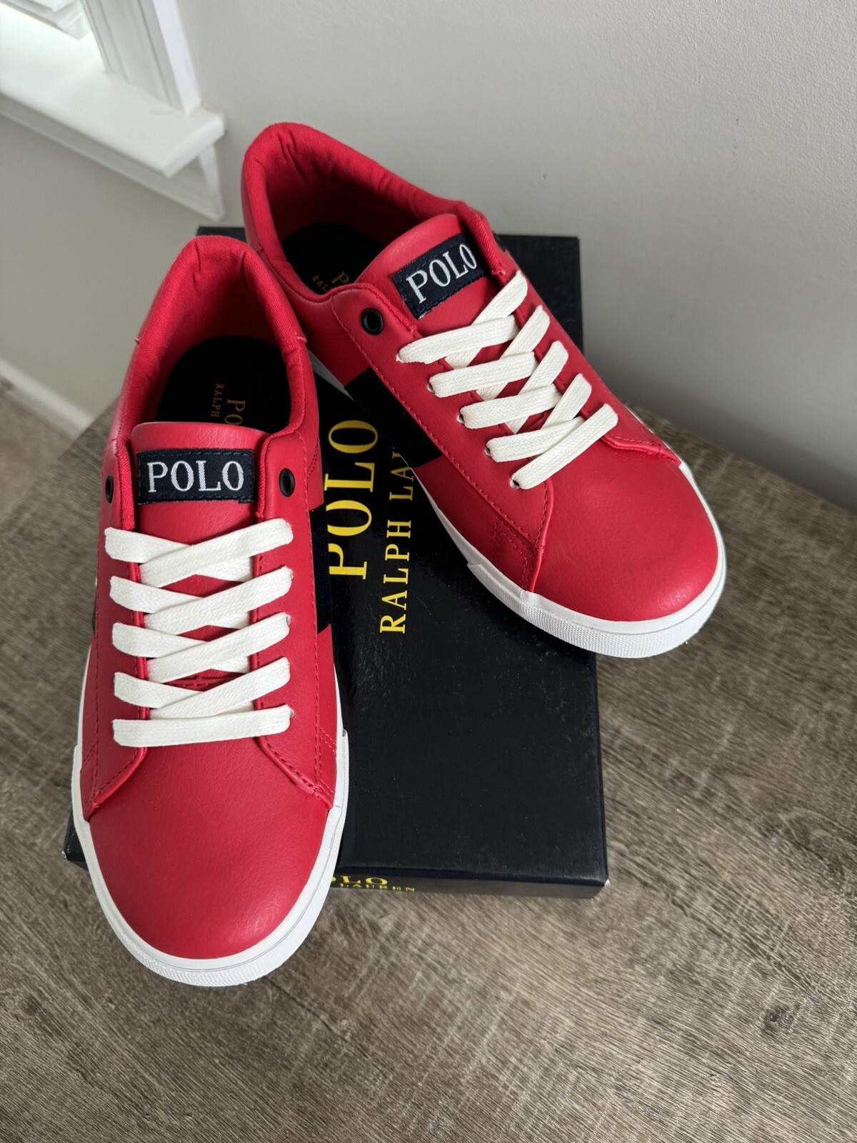 Polo Ralph Lauren GEOFF rossa piccola pony sneaker nuova con scatola taglia junior US6 EUR39 bambino grande