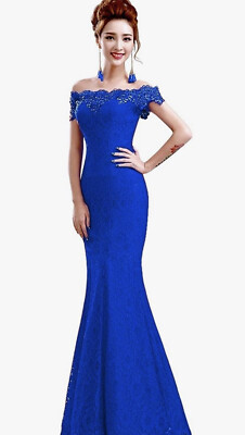 Evening ,BabyOnlinedress ,off Shoulder Lace Blue mermaid Dress