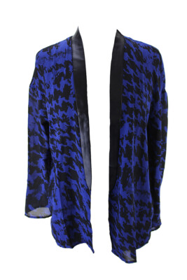 Made For Impusle Sodalte Blue Houndstooth Fauxleather Trim Sheer Cardigan