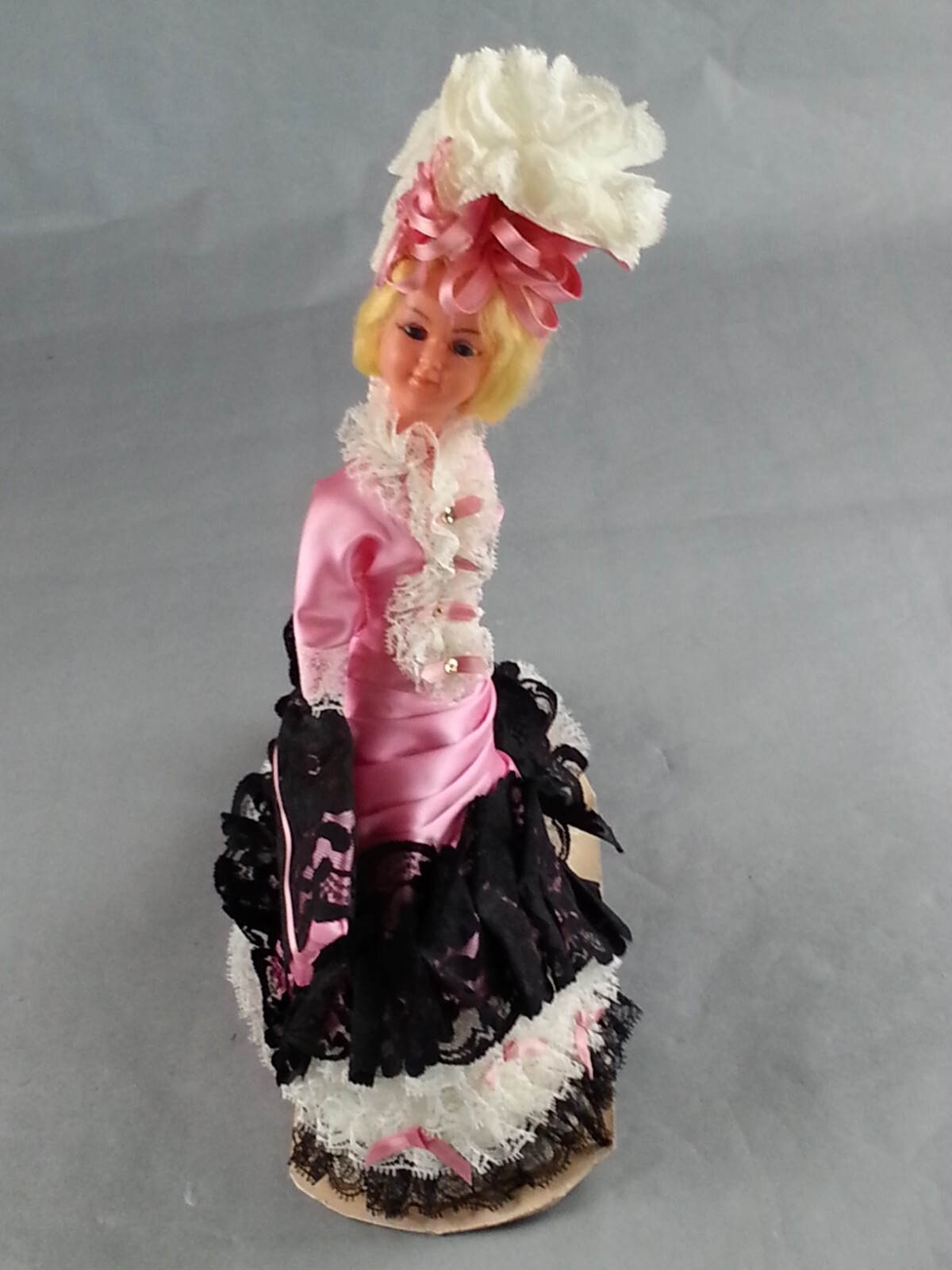 Vtg 15 Inch Plastic Doll long pink dress, black lace blonde hair