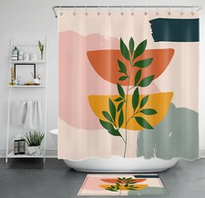 Mid Century Minimalist Abstract Leaves Shower Curtain Bathroom Accessories Set