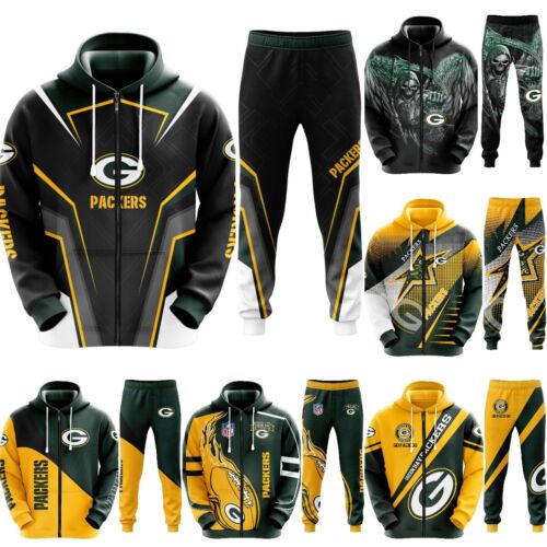 Green Bay Packers Men's Tracksuit 2PCS Zip Hoodie Pants Hooded Sweatpants Outfit - Picture 1 of 17
