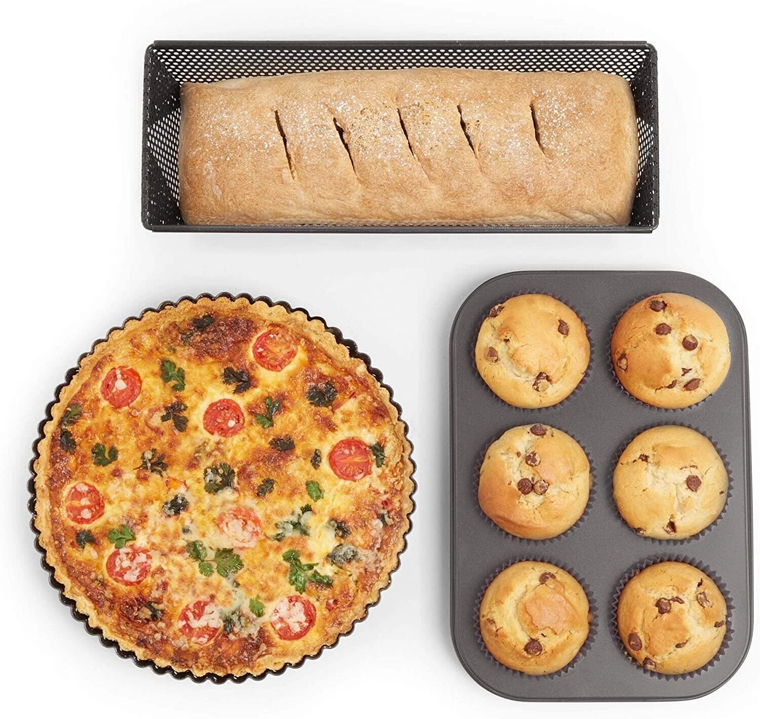 3x Vonshef Perforated Tins – For Quiche, Flan & Loaf Tin & muffin tray