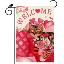Welcome Valentine  s Day Garden Flag Romantic Red Big Roses Love Heart Cat Yard..
