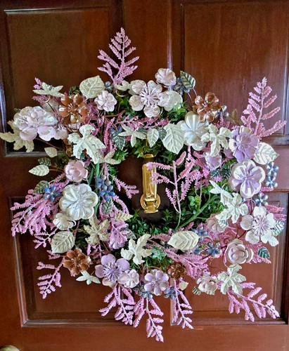 Toleware Metal Wreath Flowers/Leaves French Cottage Springtime 24"