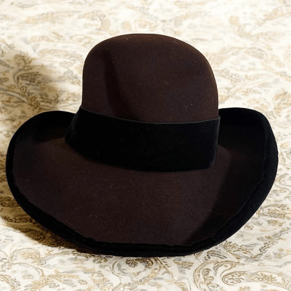 J Peterman Italia Clásico Vintage Marrón Negro Fieltro Bowler Gorra Sombrero Arco Foto 3 de 4