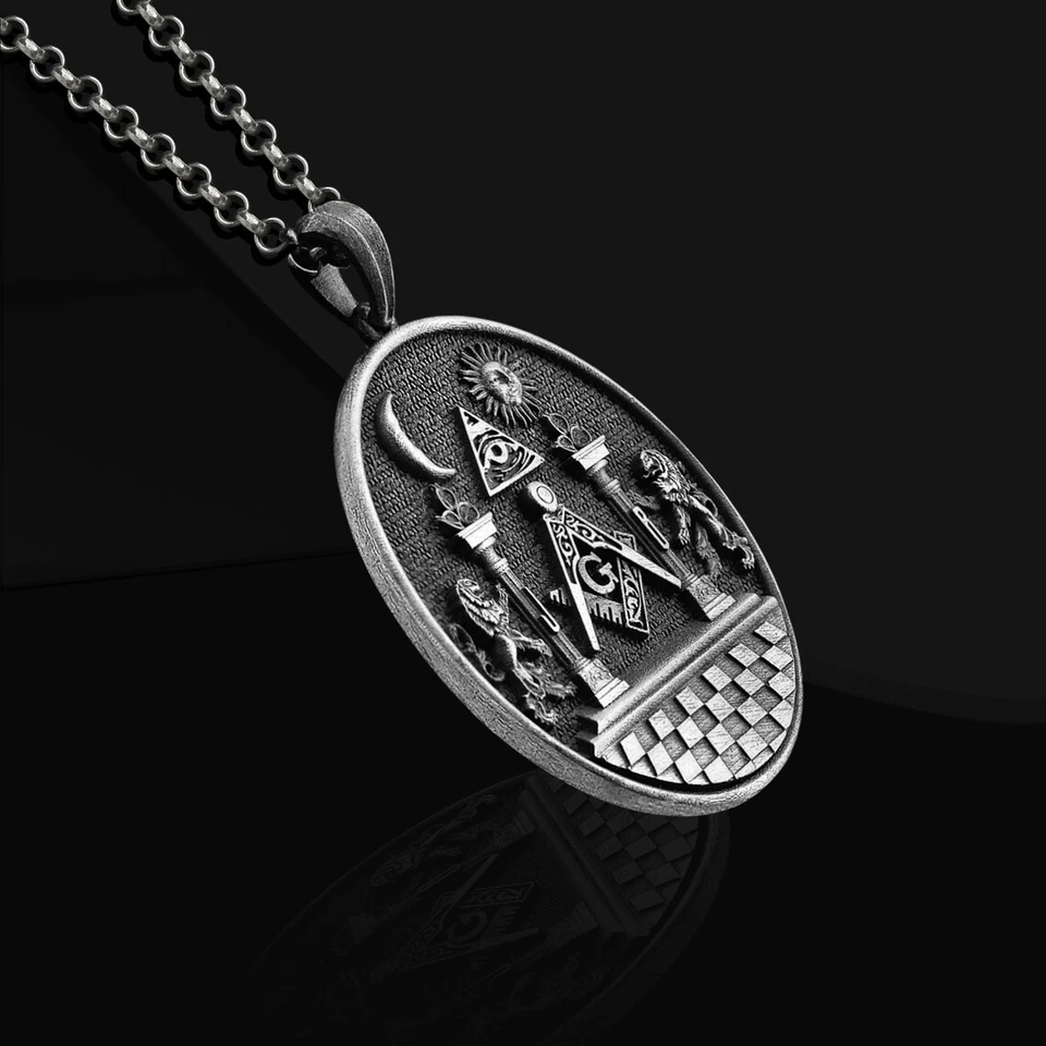 Collar Masónico Oxidado Plata de Ley 925 Colgante Collar Libre de Derechos Foto 4 de 4