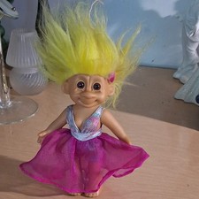 Trolls Troll Doll 4 in Yellow Straight Hair Blue Eyes Pink Dress Hair Change