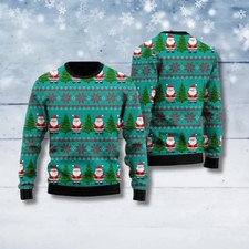 Classic Santa Christmas Sweater Unisex Green Tree Holiday Winter Knit Jumper