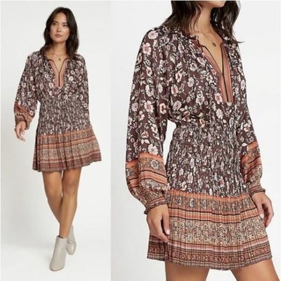 Anthropologie Current Air Alyce Mini Dress Brown White Floral Pleated Small