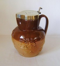 Antique 3 Pint Stoneware Hunting Jug Crested Silver Plated Lid Doulton  c.1890