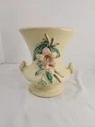 McCoy Pottery Blossom Time Vase Double Handle Yellow Matte Pink Flower VINTAGE