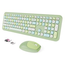 Wireless Keyboard and Mouse Combo, Colorful Ergonomic Full Size Retro Low-Noi...