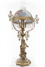 Antique RARE 1800s Hollywood Style Brass Reverse Painted Crystal Glass Oil Lamp