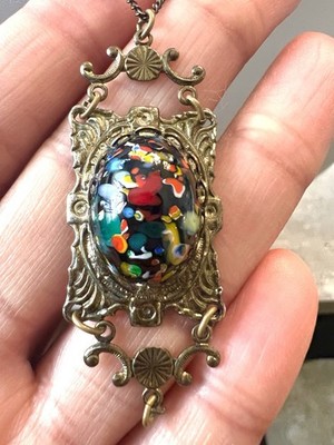 Antiker Murano Millefiori Gold gefüllt Anhänger & Halskette aufwendiger Messingrahmen