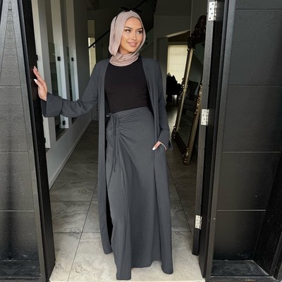 Dubai Women Open Abaya Cardigan+Long Skirt Sets 2 Piece Kaftan Islamic Robe Gown