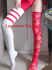 White Red Long Thigh High Slouch Socks Leg Warmer Plus Size Knit Cable Warm Cozy