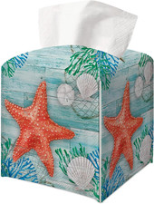 Coastal Beach Tissue Box Cover Turquoise Ocean Starfish Seashell Coastal