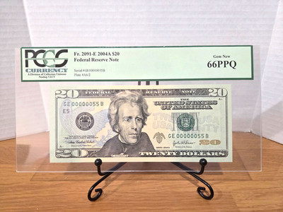 2004-A $20 FRN PCGS Gem New 66PPQ Fancy Low 2 Digit Serial #GE00000055B