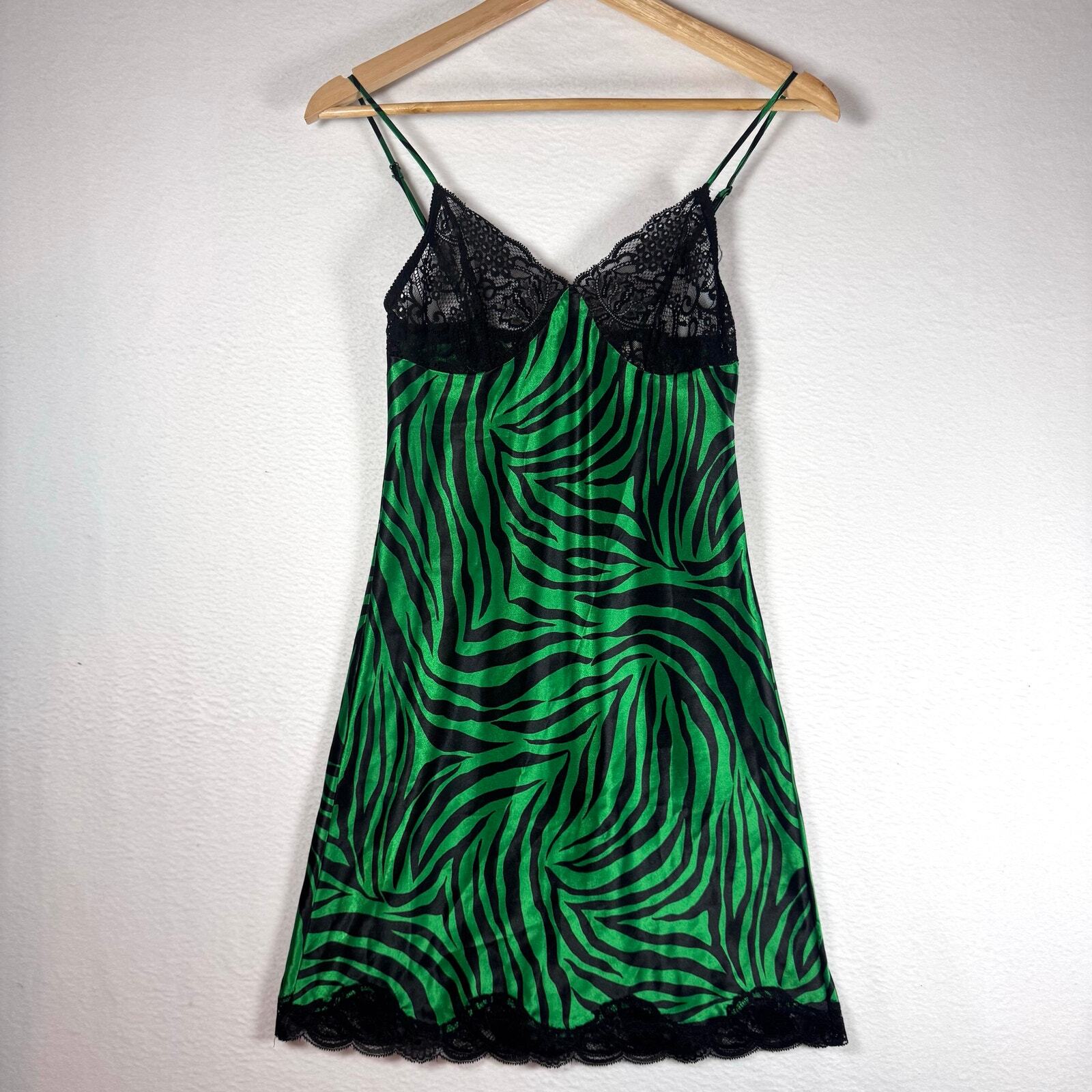 Vintage Victorias Secret Slip XS Night Gown Zebra Print Green Black Y2K Babydoll