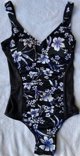 Vtg Maxine Of Hollywood USA Bathing Swim Suit Black w/Floral Ruching 1-Piece 12