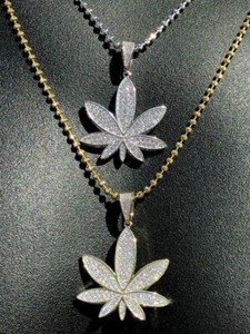 Authentic Mens Solid 925 Silver Real CZ Marijuana Weed Pot Leaf Pendant 14k Gold Plated