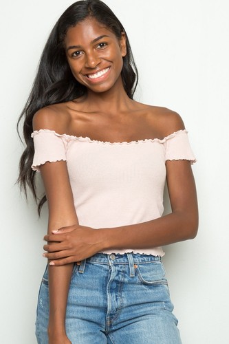 brandy melville Pastel Pink ribbed off shoulder Jessie Thermal Top Nwt XS/S  | eBay